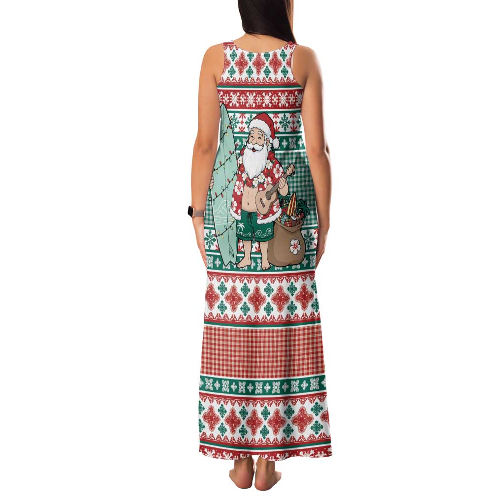 Hawaiian Funny Santa Surf Family Matching Tank Maxi Dress and Hawaiian Shirt Mele Kalikimaka Palaka Quilt Pattern - Polynesian Pride