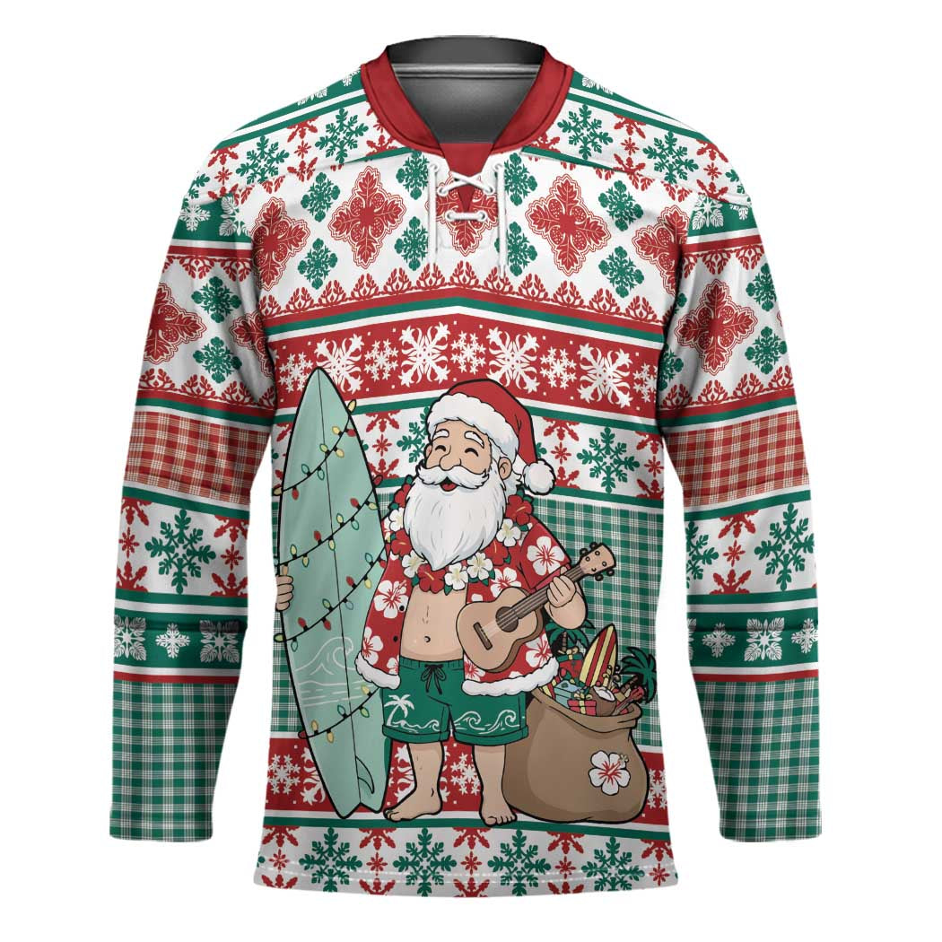 Hawaiian Funny Santa Surf Hockey Jersey Mele Kalikimaka Palaka Quilt Pattern - Polynesian Pride