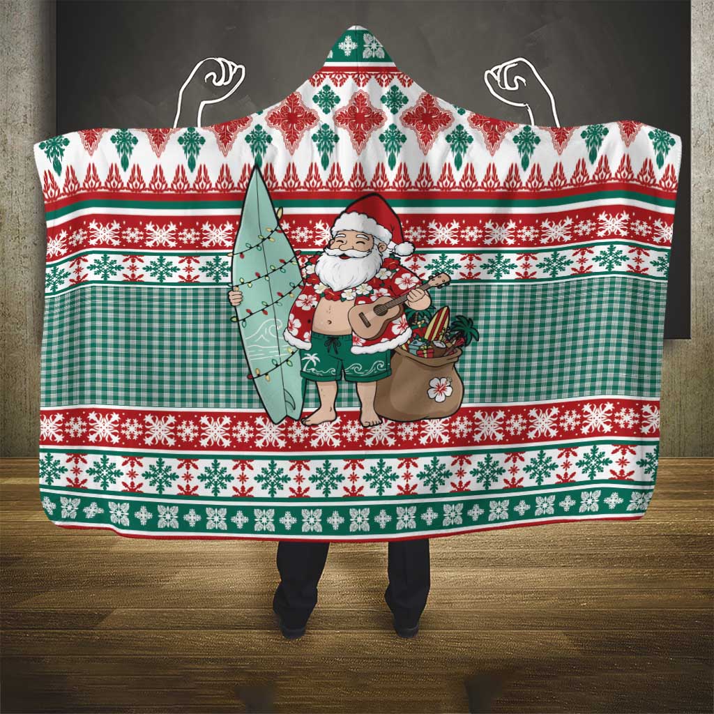 Hawaiian Funny Santa Surf Hooded Blanket Mele Kalikimaka Palaka Quilt Pattern - Polynesian Pride