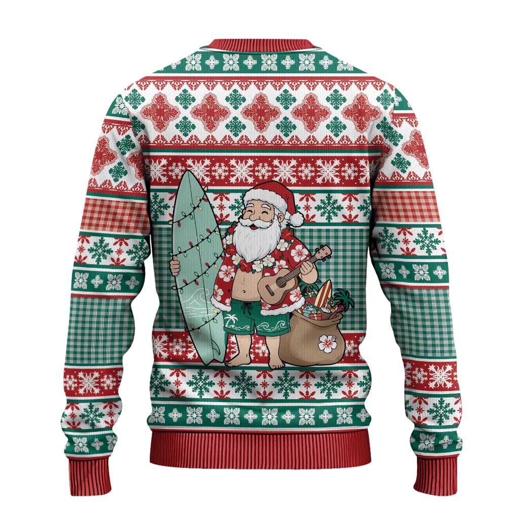 Hawaiian Funny Santa Surf Ugly Christmas Sweater Mele Kalikimaka Palaka Quilt Pattern - Polynesian Pride