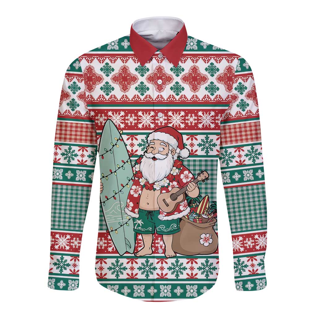 Hawaiian Funny Santa Surf Long Sleeve Button Shirt Mele Kalikimaka Palaka Quilt Pattern - Polynesian Pride