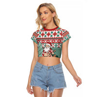 Hawaiian Funny Santa Surf Raglan Cropped T Shirt Mele Kalikimaka Palaka Quilt Pattern - Polynesian Pride