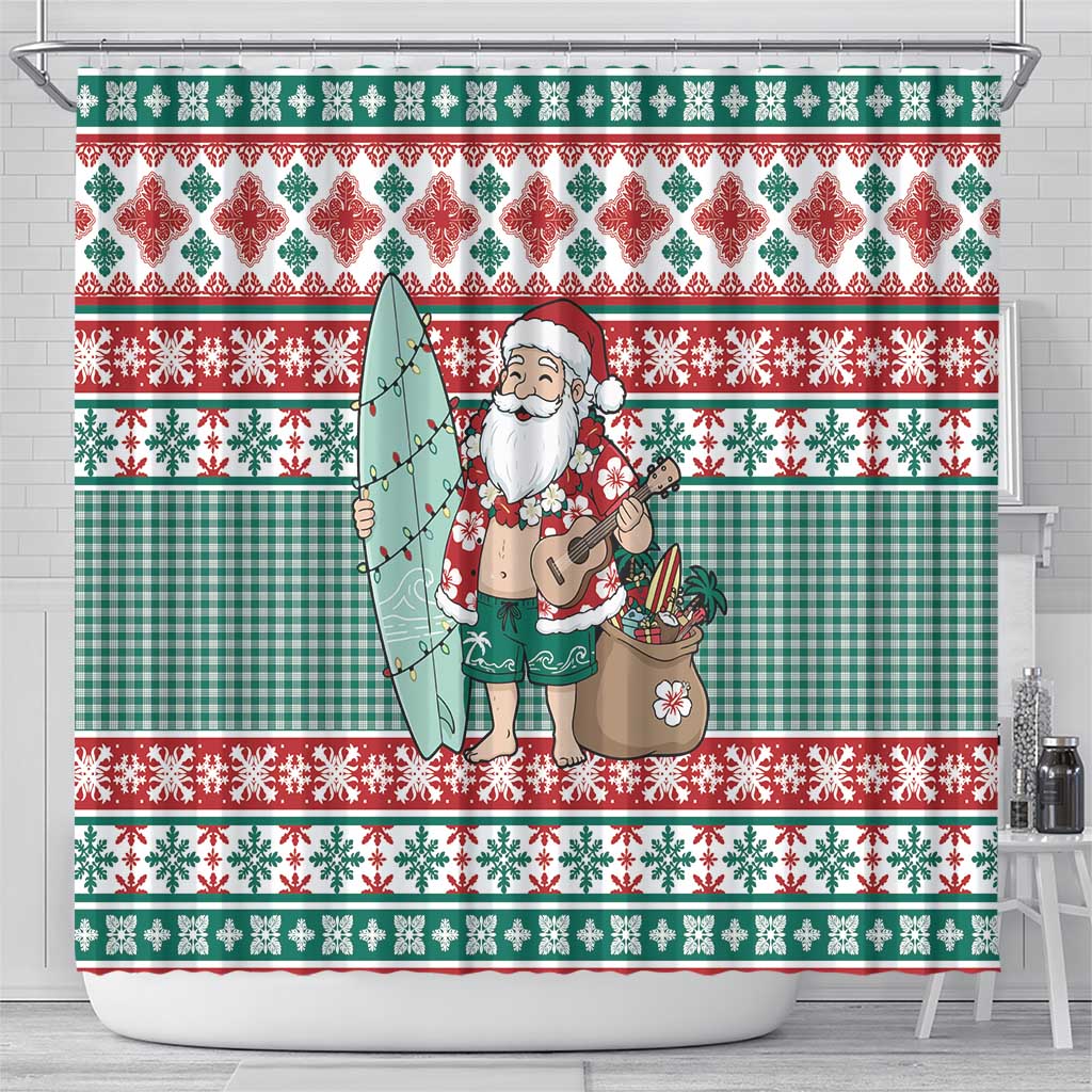 Hawaiian Funny Santa Surf Shower Curtain Mele Kalikimaka Palaka Quilt Pattern - Polynesian Pride