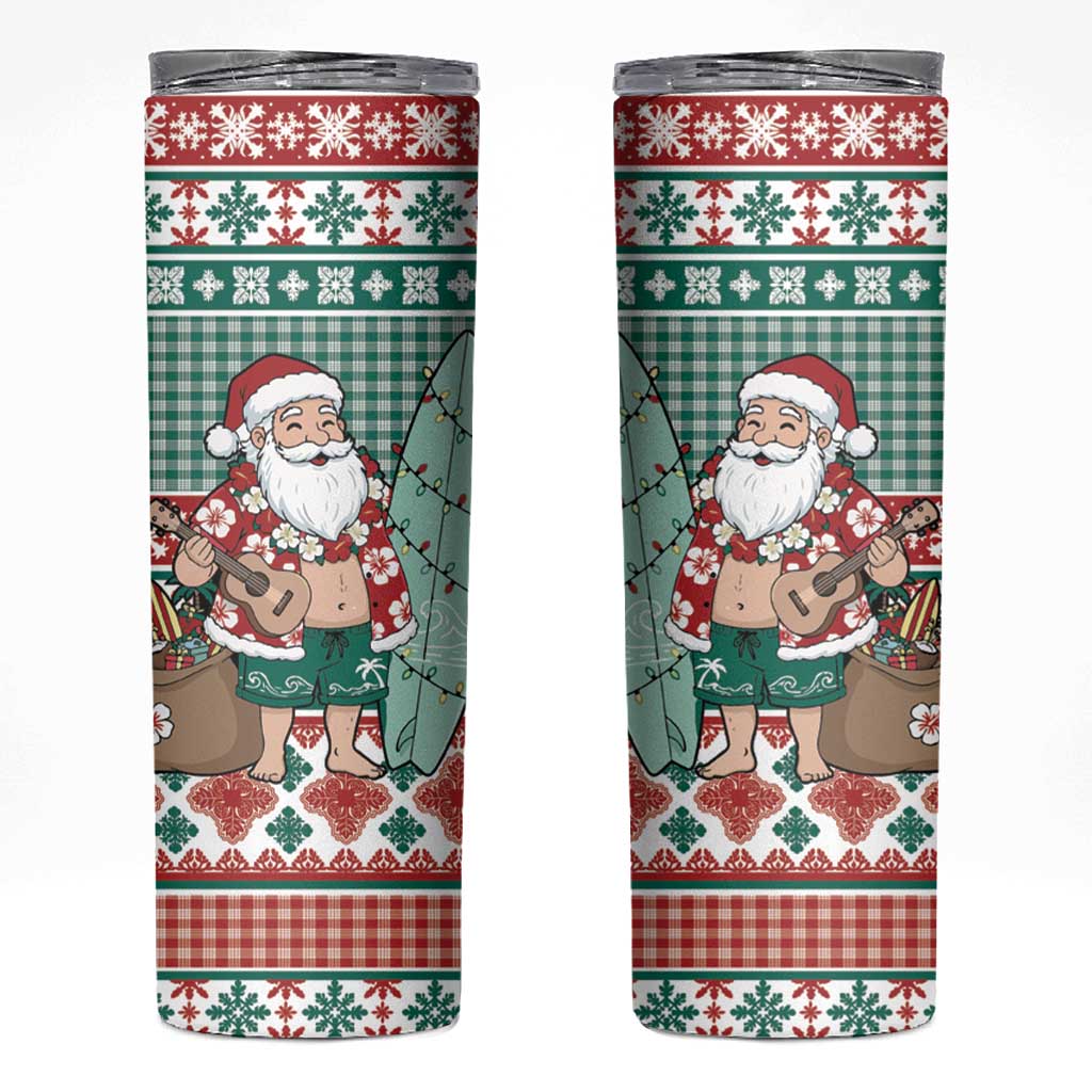 Hawaiian Funny Santa Surf Skinny Tumbler Mele Kalikimaka Palaka Quilt Pattern - Polynesian Pride