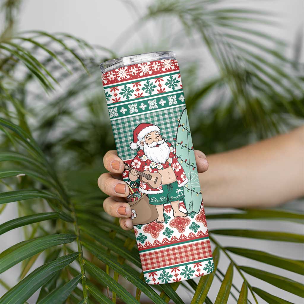 Hawaiian Funny Santa Surf Skinny Tumbler Mele Kalikimaka Palaka Quilt Pattern - Polynesian Pride