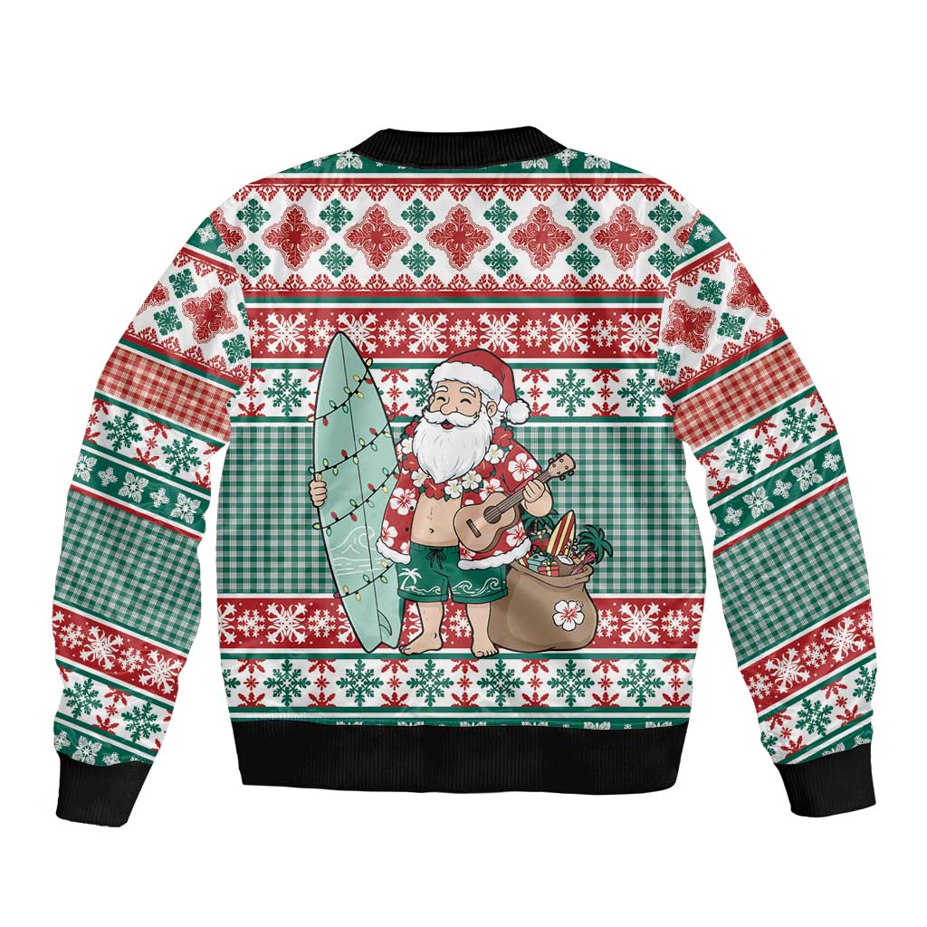 Hawaiian Funny Santa Surf Sleeve Zip Bomber Jacket Mele Kalikimaka Palaka Quilt Pattern - Polynesian Pride