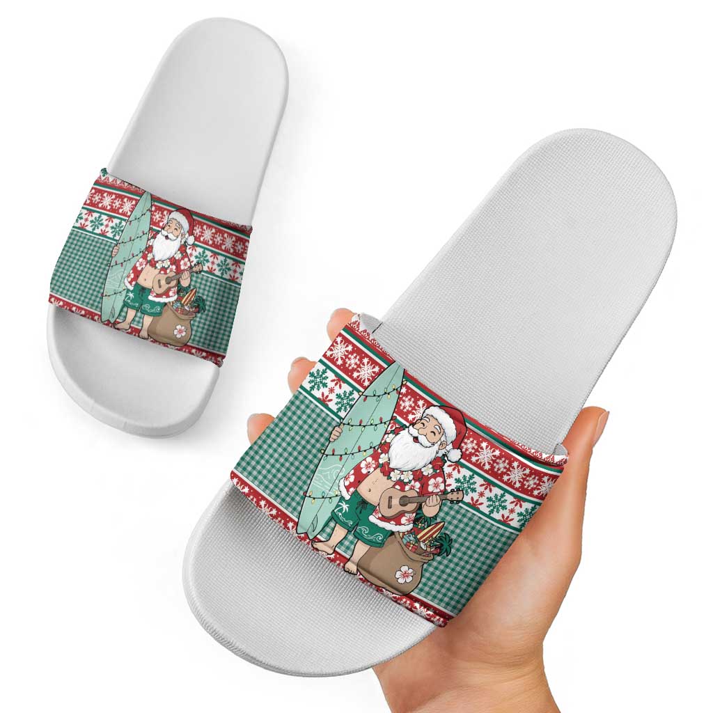 Hawaiian Funny Santa Surf Slide Sandals Mele Kalikimaka Palaka Quilt Pattern - Polynesian Pride