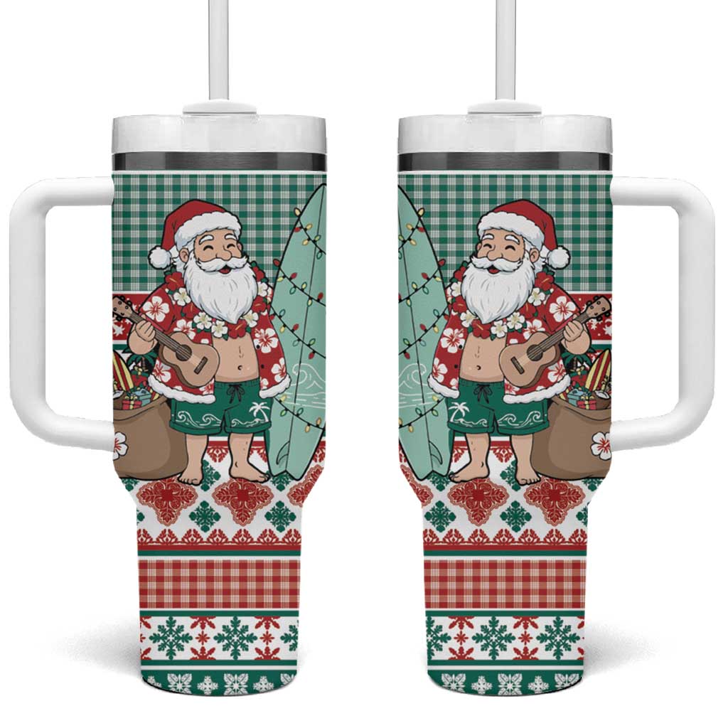 Hawaiian Funny Santa Surf Tumbler With Handle Mele Kalikimaka Palaka Quilt Pattern - Polynesian Pride