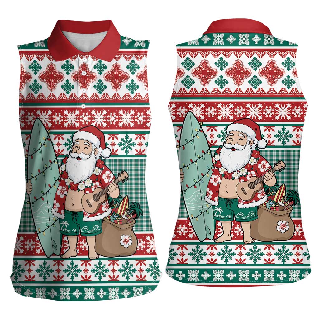 Hawaiian Funny Santa Surf Women Sleeveless Polo Shirt Mele Kalikimaka Palaka Quilt Pattern - Polynesian Pride