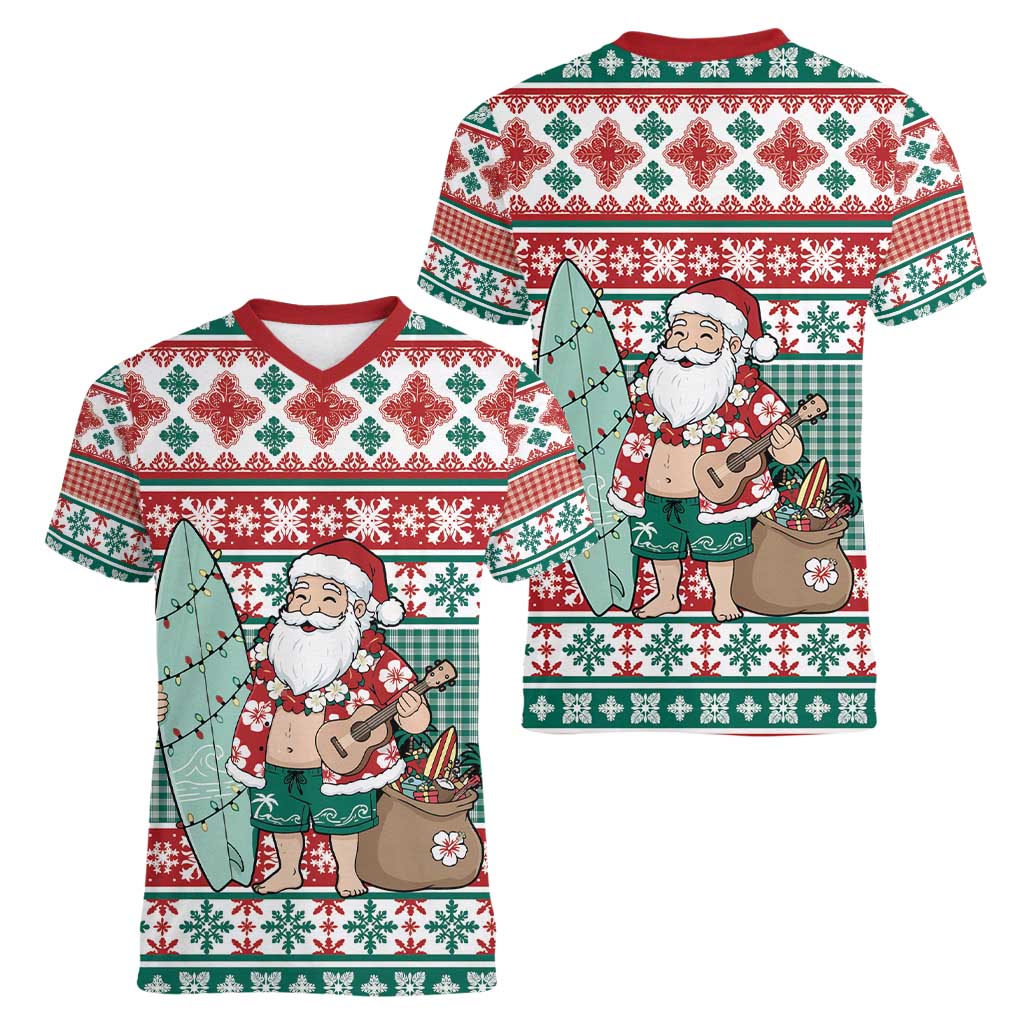 Hawaiian Funny Santa Surf Women V-Neck T-Shirt Mele Kalikimaka Palaka Quilt Pattern - Polynesian Pride