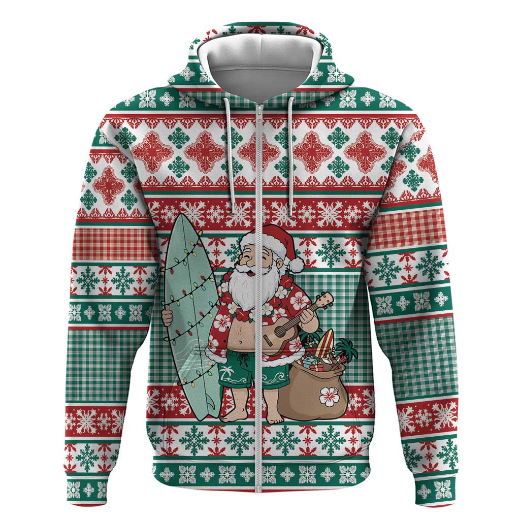 Hawaiian Funny Santa Surf Zip Hoodie Mele Kalikimaka Palaka Quilt Pattern - Polynesian Pride