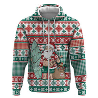 Hawaiian Funny Santa Surf Zip Hoodie Mele Kalikimaka Palaka Quilt Pattern - Polynesian Pride