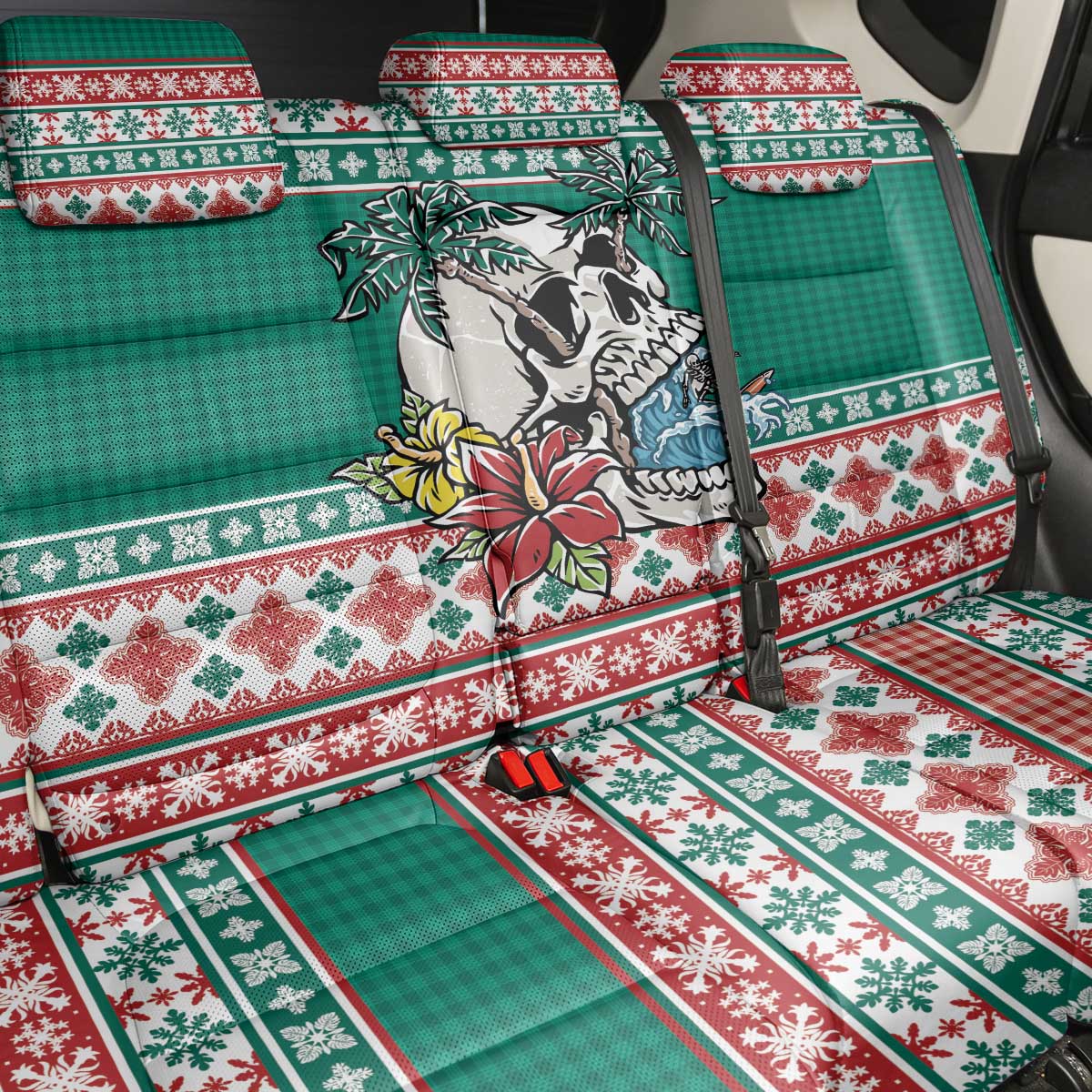 Hawaiian Skull Surfs Back Car Seat Cover Mele Kalikimaka Palaka Quilt Pattern - Polynesian Pride