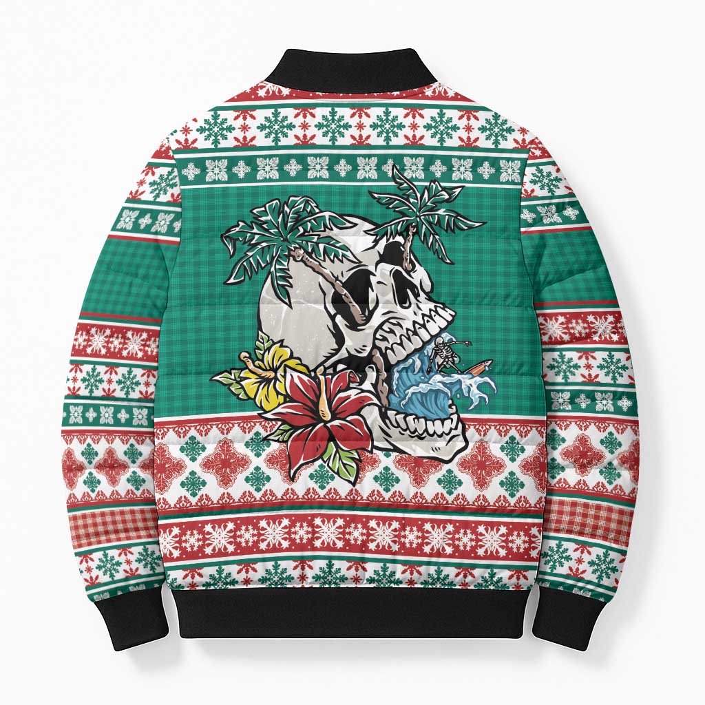 Hawaiian Skull Surfs Bomber Puffer Jacket Mele Kalikimaka Palaka Quilt Pattern - Polynesian Pride