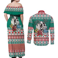 Hawaiian Skull Surfs Couples Matching Off Shoulder Maxi Dress and Long Sleeve Button Shirt Mele Kalikimaka Palaka Quilt Pattern - Polynesian Pride