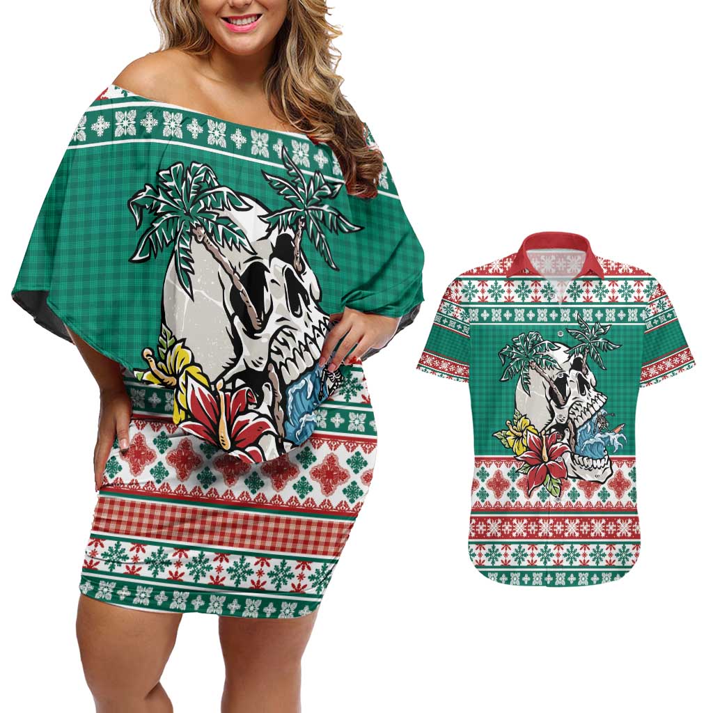 Hawaiian Skull Surfs Couples Matching Off Shoulder Short Dress and Hawaiian Shirt Mele Kalikimaka Palaka Quilt Pattern - Polynesian Pride
