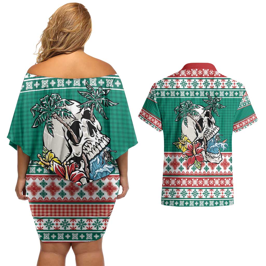 Hawaiian Skull Surfs Couples Matching Off Shoulder Short Dress and Hawaiian Shirt Mele Kalikimaka Palaka Quilt Pattern - Polynesian Pride