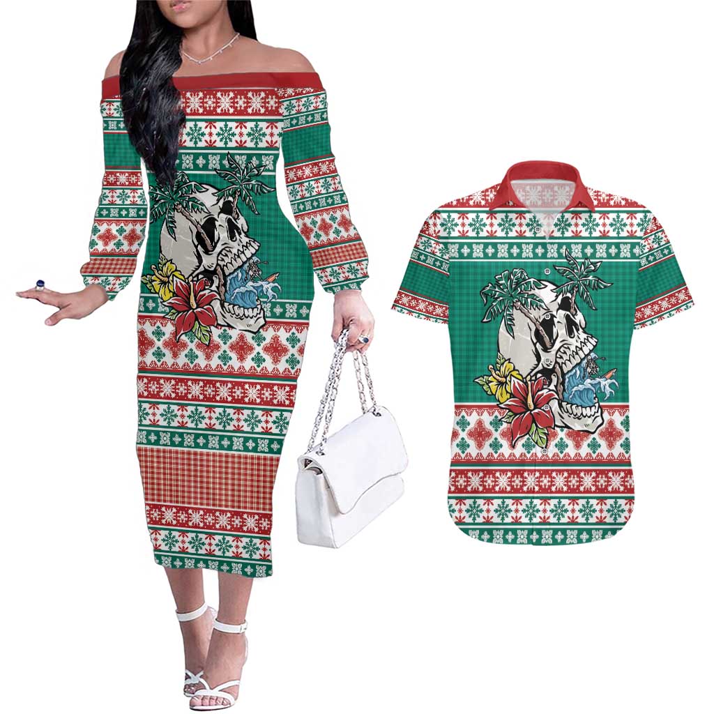 Hawaiian Skull Surfs Couples Matching Off The Shoulder Long Sleeve Dress and Hawaiian Shirt Mele Kalikimaka Palaka Quilt Pattern - Polynesian Pride