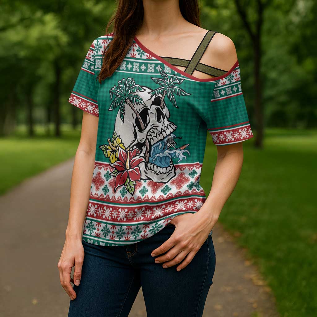 Hawaiian Skull Surfs Cross Shoulder Shirt Mele Kalikimaka Palaka Quilt Pattern - Polynesian Pride