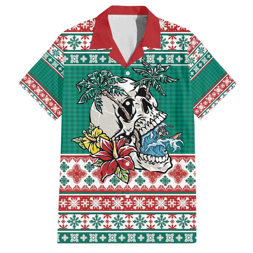 Hawaiian Skull Surfs Family Matching Long Sleeve Bodycon Dress and Hawaiian Shirt Mele Kalikimaka Palaka Quilt Pattern - Polynesian Pride