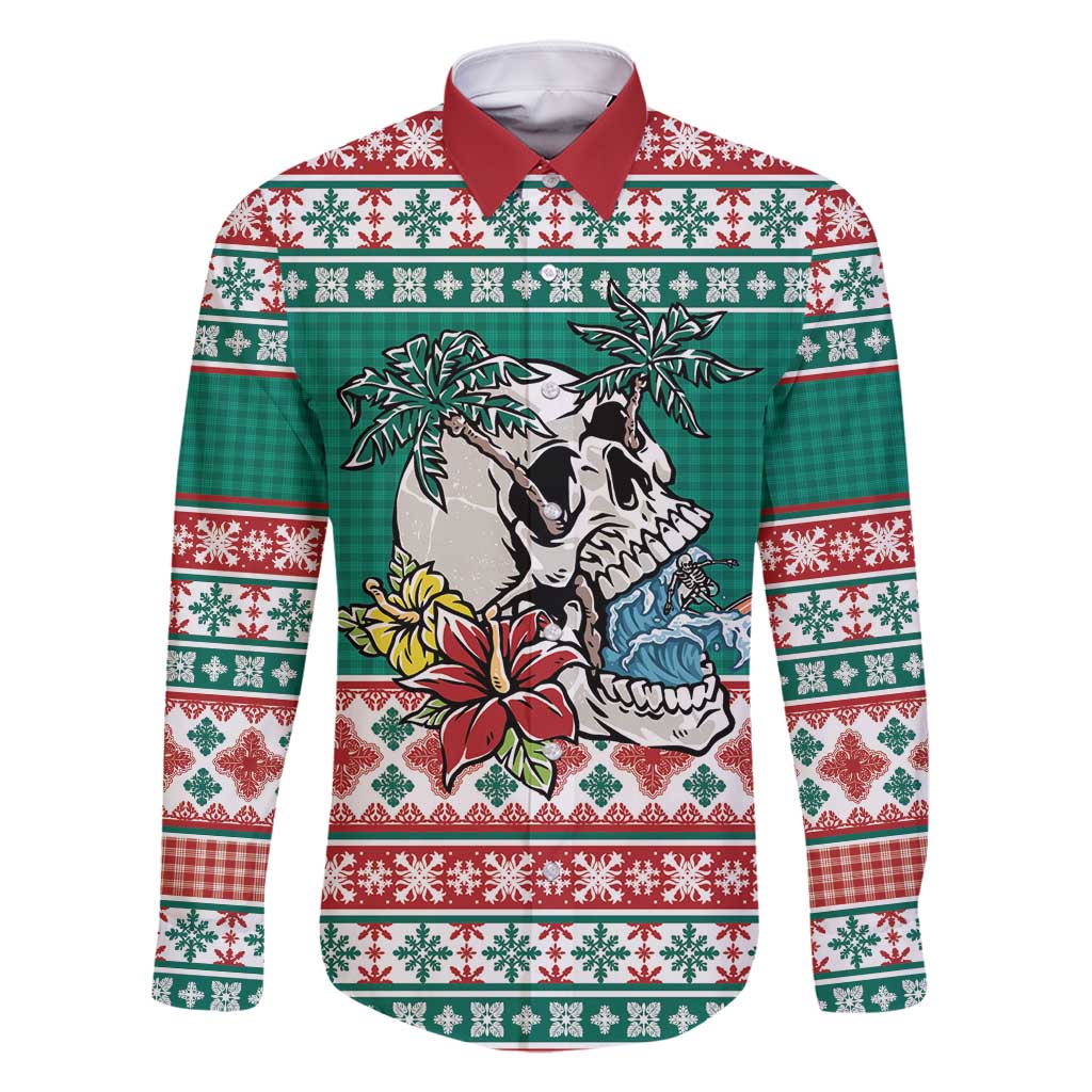 Hawaiian Skull Surfs Family Matching Long Sleeve Bodycon Dress and Hawaiian Shirt Mele Kalikimaka Palaka Quilt Pattern - Polynesian Pride