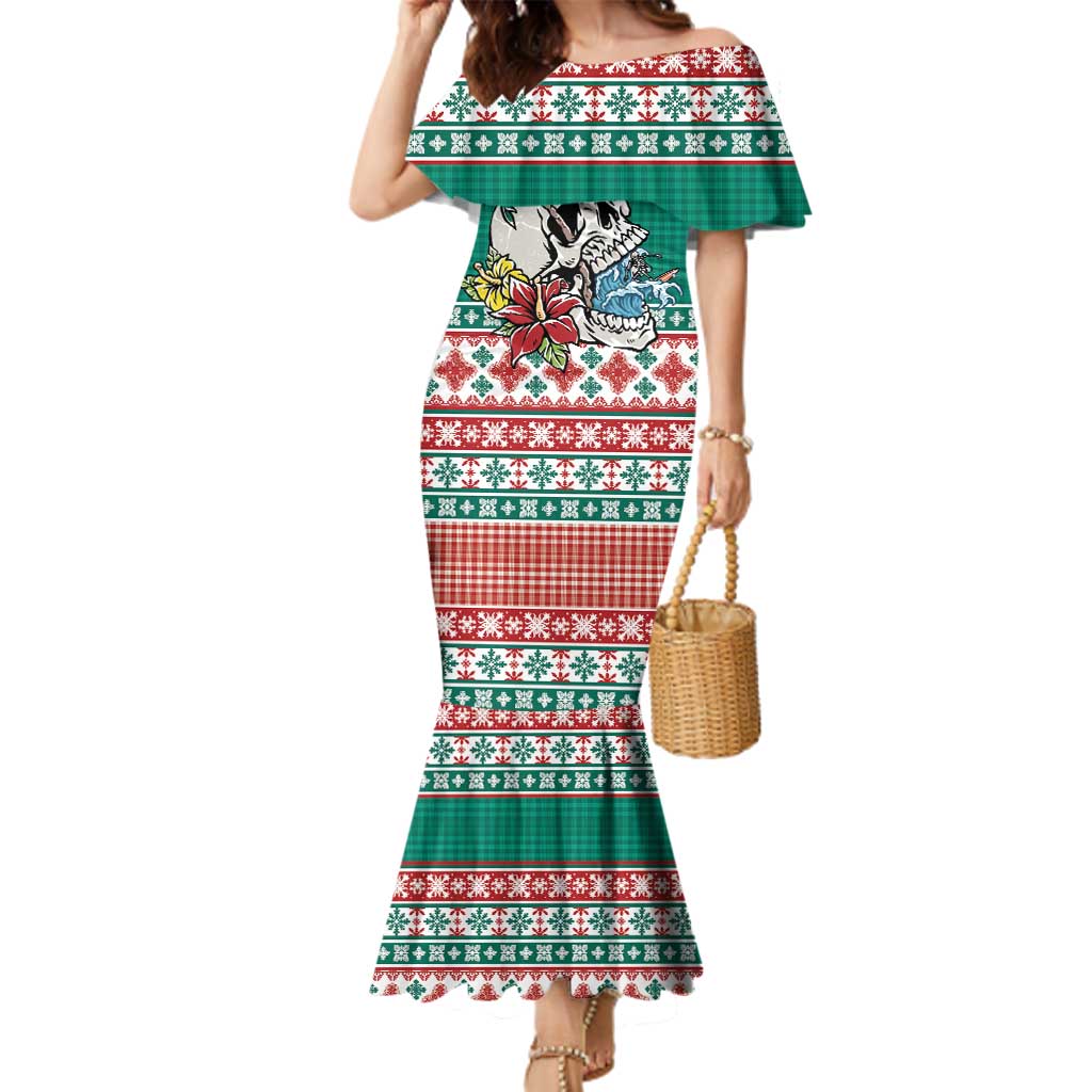 Hawaiian Skull Surfs Family Matching Mermaid Dress and Hawaiian Shirt Mele Kalikimaka Palaka Quilt Pattern - Polynesian Pride