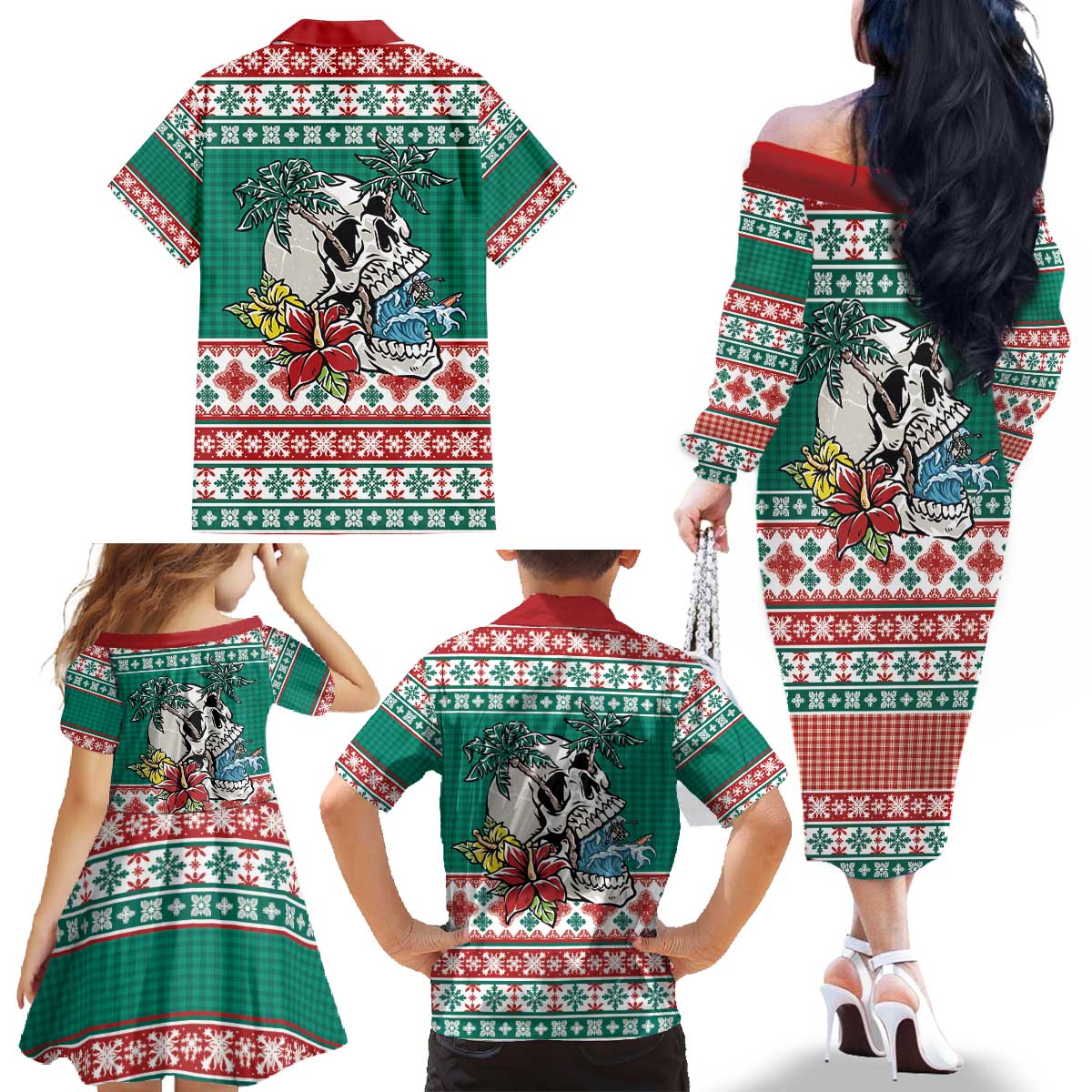 Hawaiian Skull Surfs Family Matching Off The Shoulder Long Sleeve Dress and Hawaiian Shirt Mele Kalikimaka Palaka Quilt Pattern - Polynesian Pride