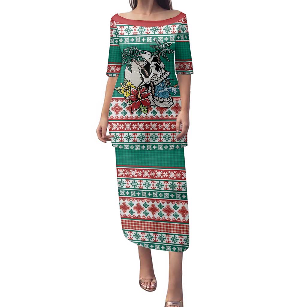 Hawaiian Skull Surfs Family Matching Puletasi and Hawaiian Shirt Mele Kalikimaka Palaka Quilt Pattern - Polynesian Pride