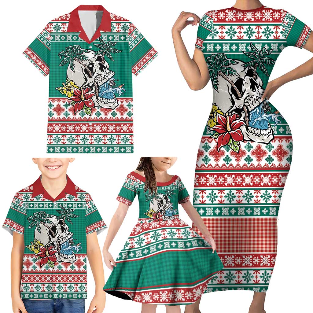 Hawaiian Skull Surfs Family Matching Short Sleeve Bodycon Dress and Hawaiian Shirt Mele Kalikimaka Palaka Quilt Pattern - Polynesian Pride