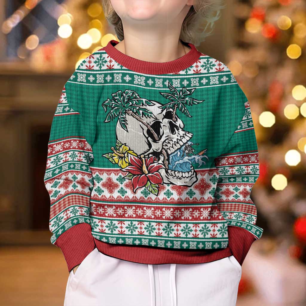 Hawaiian Skull Surfs Kid Ugly Christmas Sweater Mele Kalikimaka Palaka Quilt Pattern - Polynesian Pride