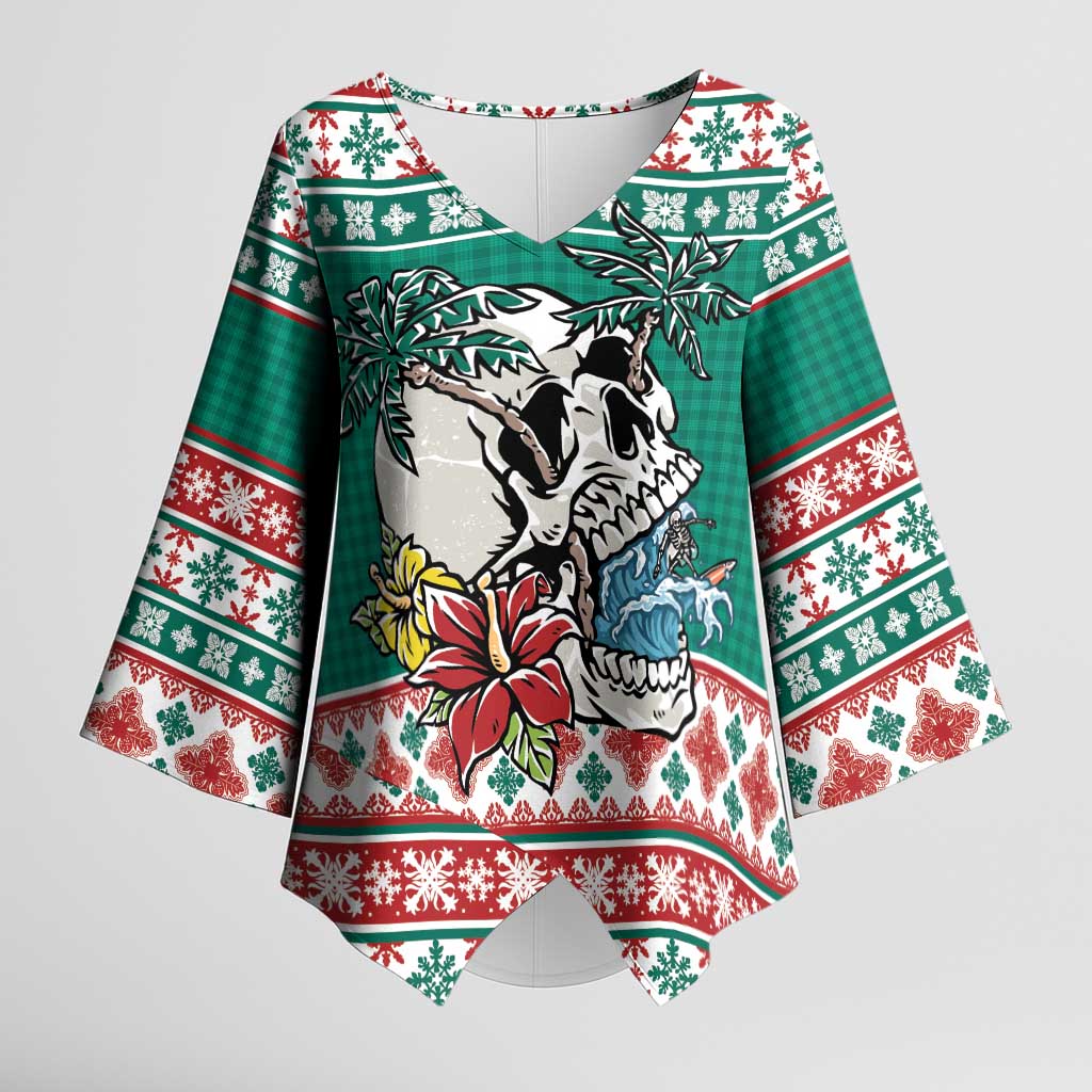 Hawaiian Skull Surfs Kimono Sleeve Blouse Mele Kalikimaka Palaka Quilt Pattern - Polynesian Pride