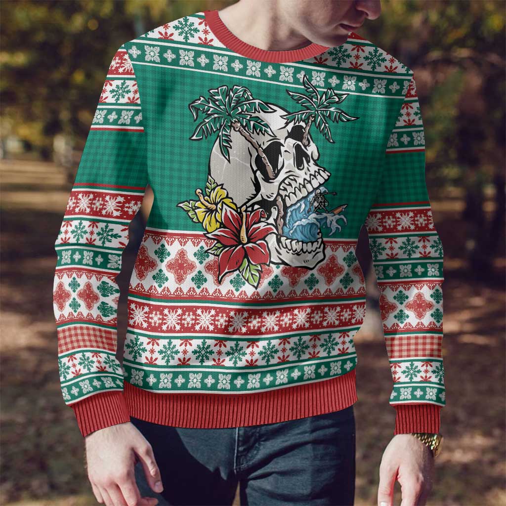Hawaiian Skull Surfs Ugly Christmas Sweater Mele Kalikimaka Palaka Quilt Pattern - Polynesian Pride