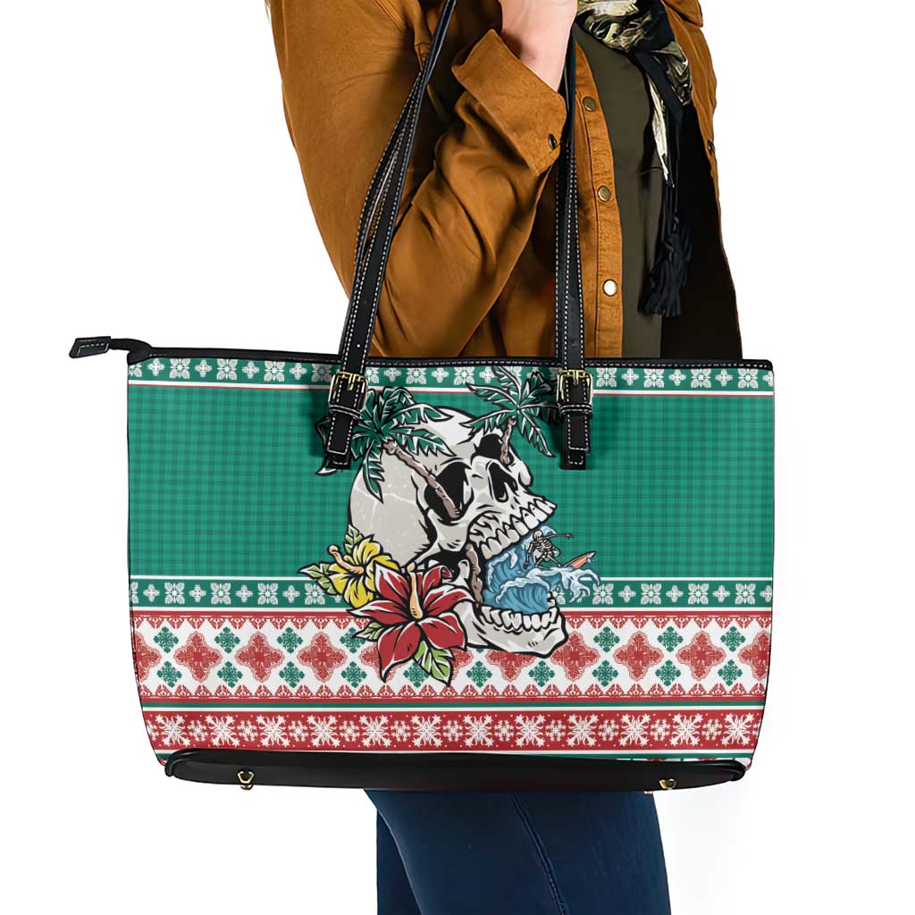 Hawaiian Skull Surfs Leather Tote Bag Mele Kalikimaka Palaka Quilt Pattern - Polynesian Pride