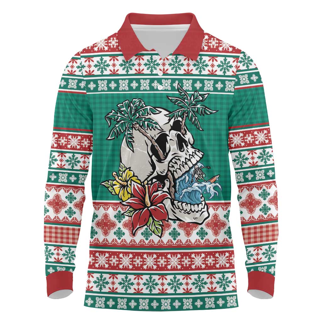 Hawaiian Skull Surfs Long Sleeve Polo Shirt Mele Kalikimaka Palaka Quilt Pattern - Polynesian Pride