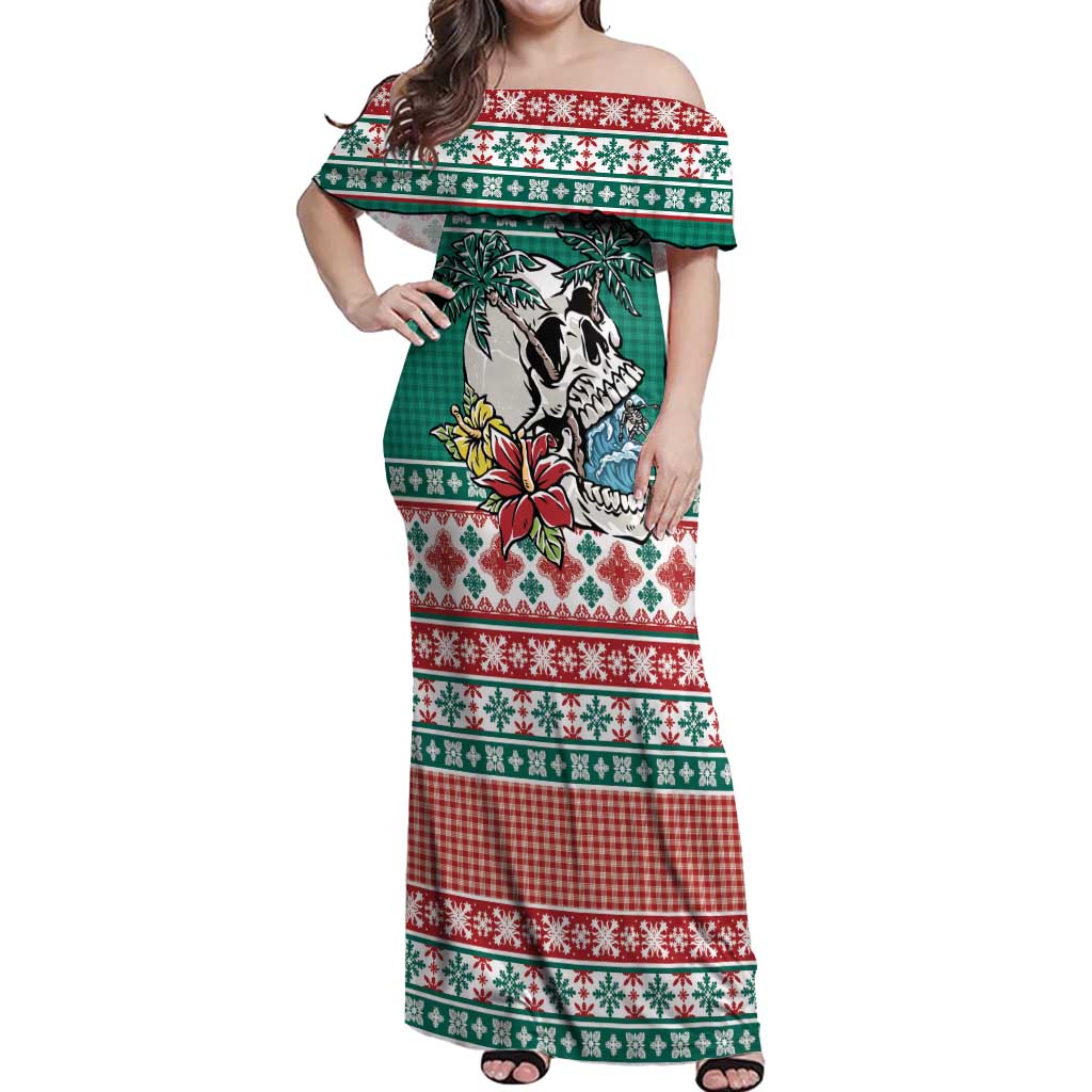 Hawaiian Skull Surfs Off Shoulder Maxi Dress Mele Kalikimaka Palaka Quilt Pattern - Polynesian Pride