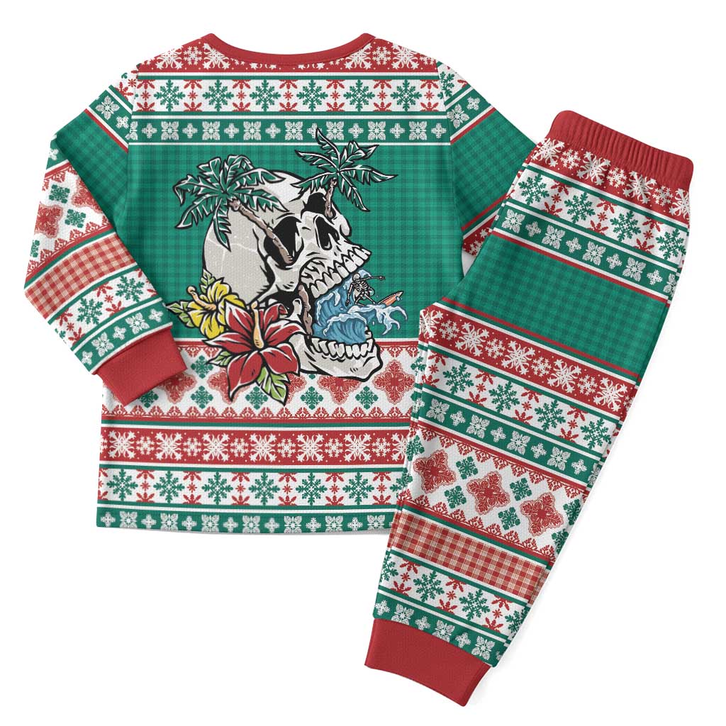 Hawaiian Skull Surfs Christmas Pajama Set Mele Kalikimaka Palaka Quilt Pattern - Polynesian Pride