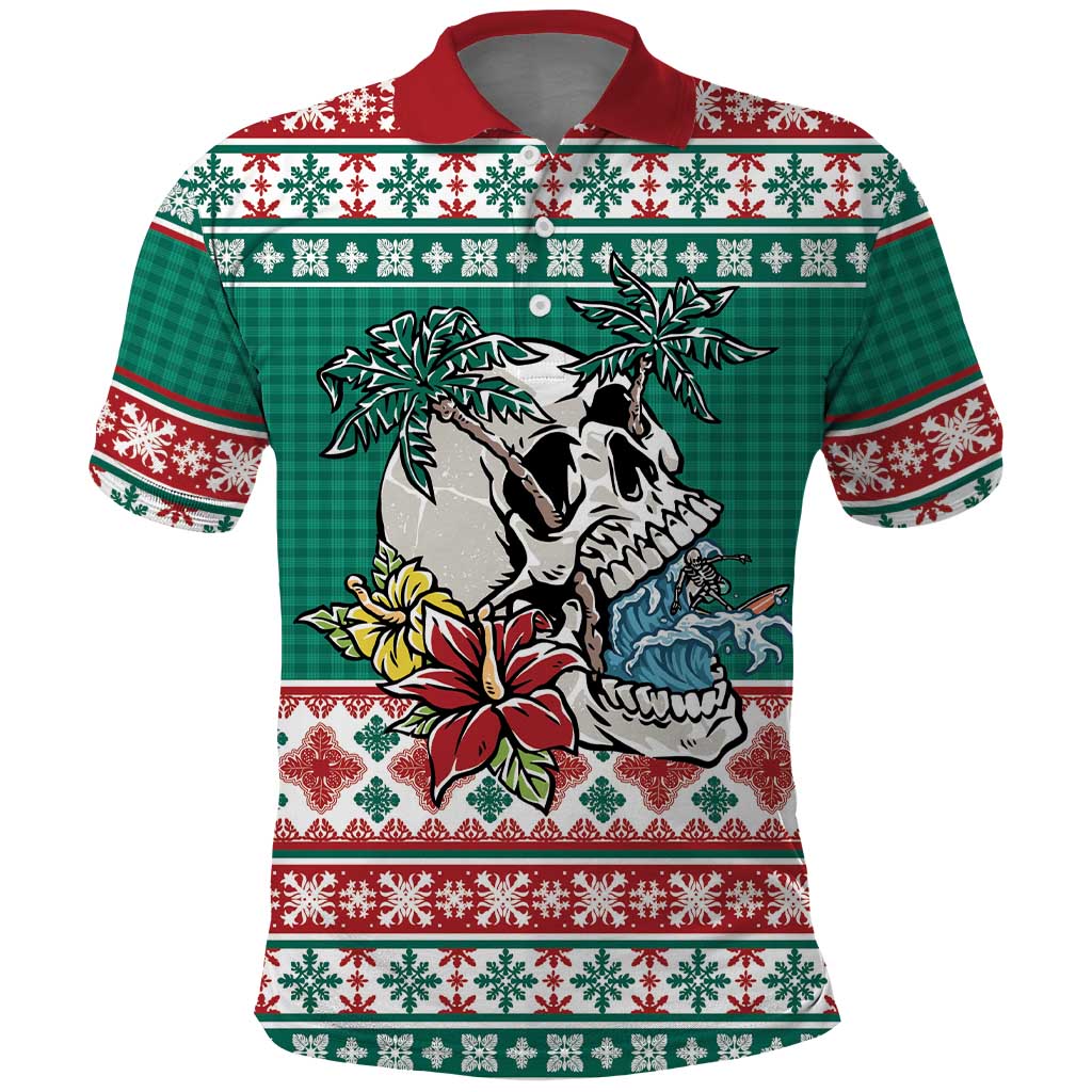 Hawaiian Skull Surfs Polo Shirt Mele Kalikimaka Palaka Quilt Pattern - Polynesian Pride