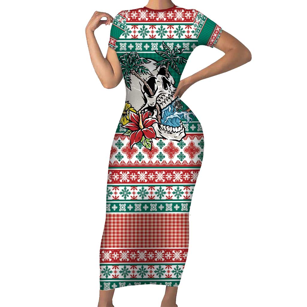 Hawaiian Skull Surfs Short Sleeve Bodycon Dress Mele Kalikimaka Palaka Quilt Pattern - Polynesian Pride