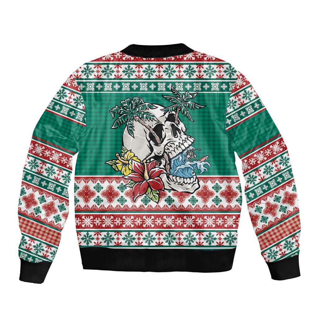 Hawaiian Skull Surfs Sleeve Zip Bomber Jacket Mele Kalikimaka Palaka Quilt Pattern - Polynesian Pride