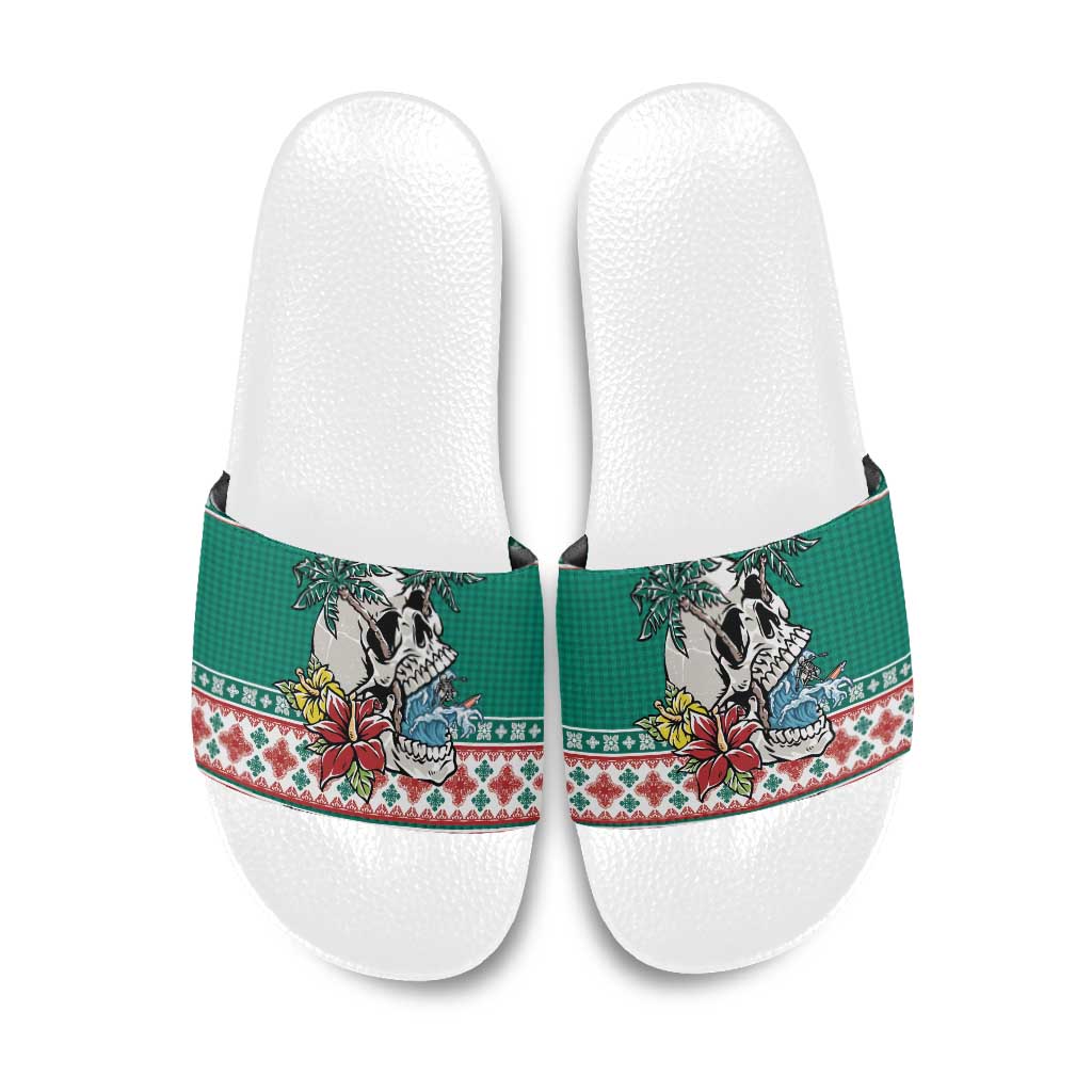 Hawaiian Skull Surfs Slide Sandals Mele Kalikimaka Palaka Quilt Pattern - Polynesian Pride