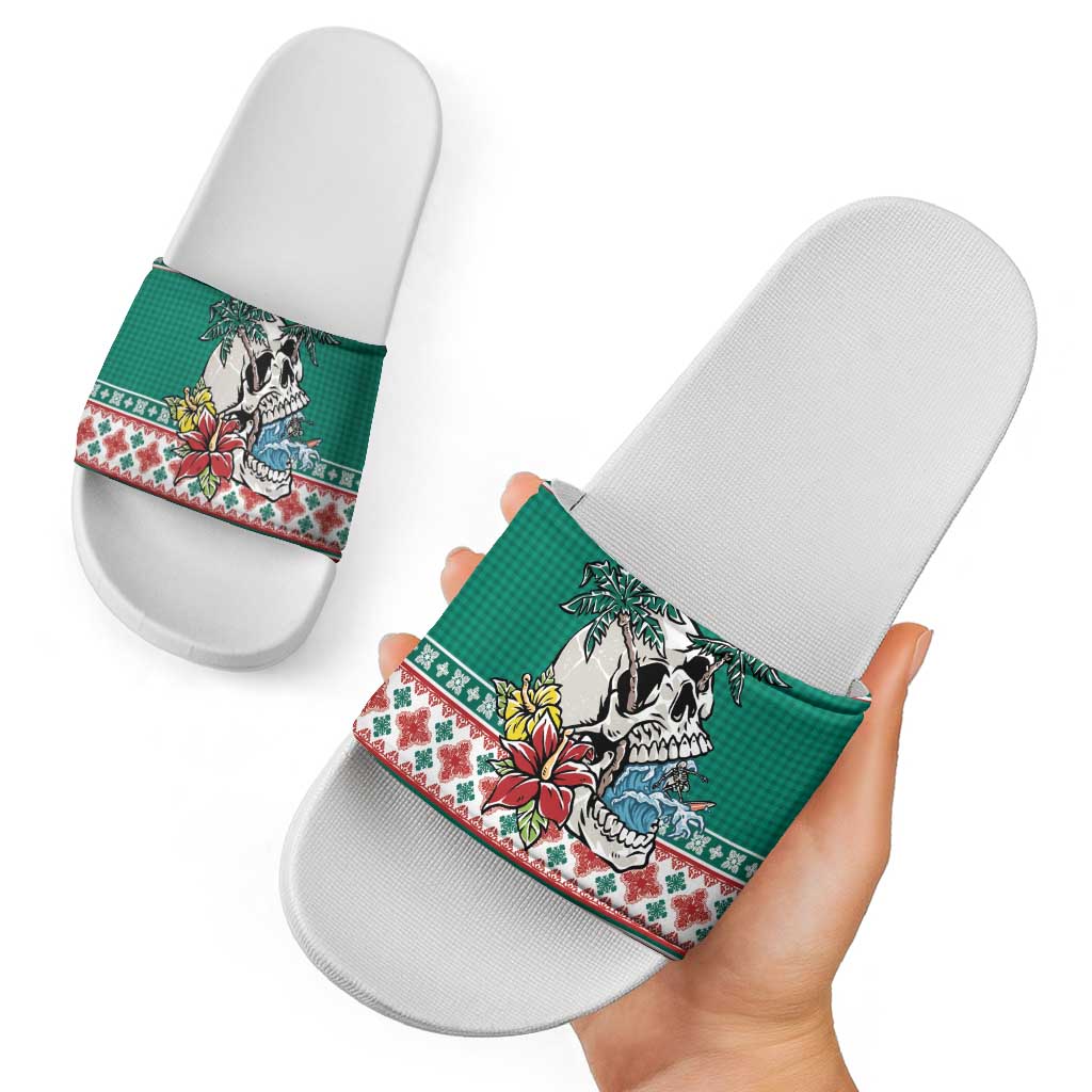 Hawaiian Skull Surfs Slide Sandals Mele Kalikimaka Palaka Quilt Pattern - Polynesian Pride