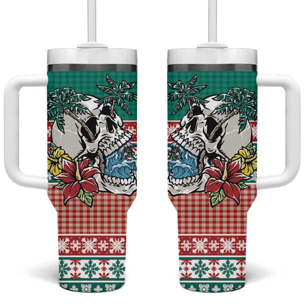 Hawaiian Skull Surfs Tumbler With Handle Mele Kalikimaka Palaka Quilt Pattern - Polynesian Pride