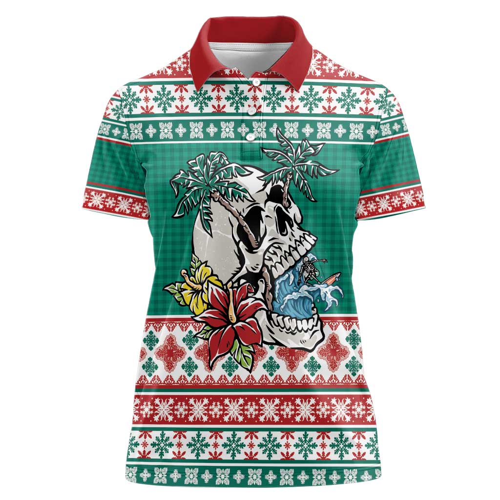 Hawaiian Skull Surfs Women Polo Shirt Mele Kalikimaka Palaka Quilt Pattern - Polynesian Pride