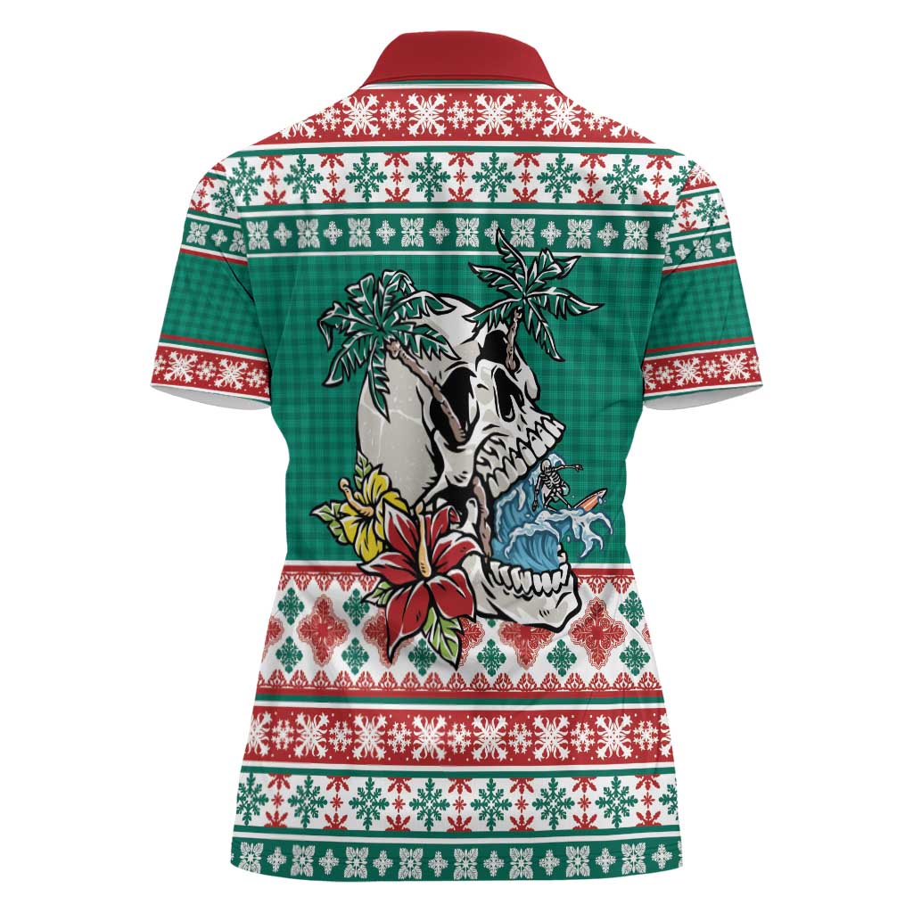 Hawaiian Skull Surfs Women Polo Shirt Mele Kalikimaka Palaka Quilt Pattern - Polynesian Pride