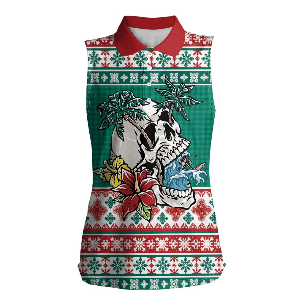 Hawaiian Skull Surfs Women Sleeveless Polo Shirt Mele Kalikimaka Palaka Quilt Pattern - Polynesian Pride