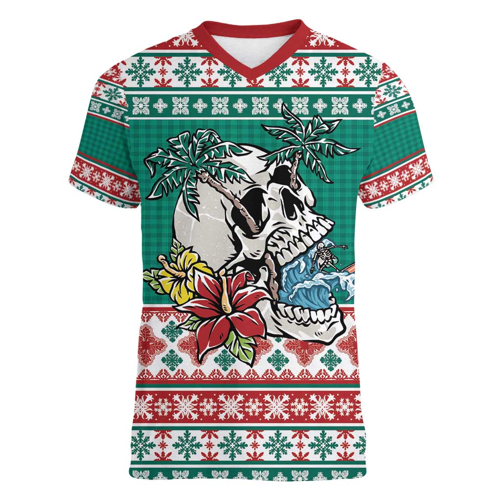 Hawaiian Skull Surfs Women V-Neck T-Shirt Mele Kalikimaka Palaka Quilt Pattern - Polynesian Pride