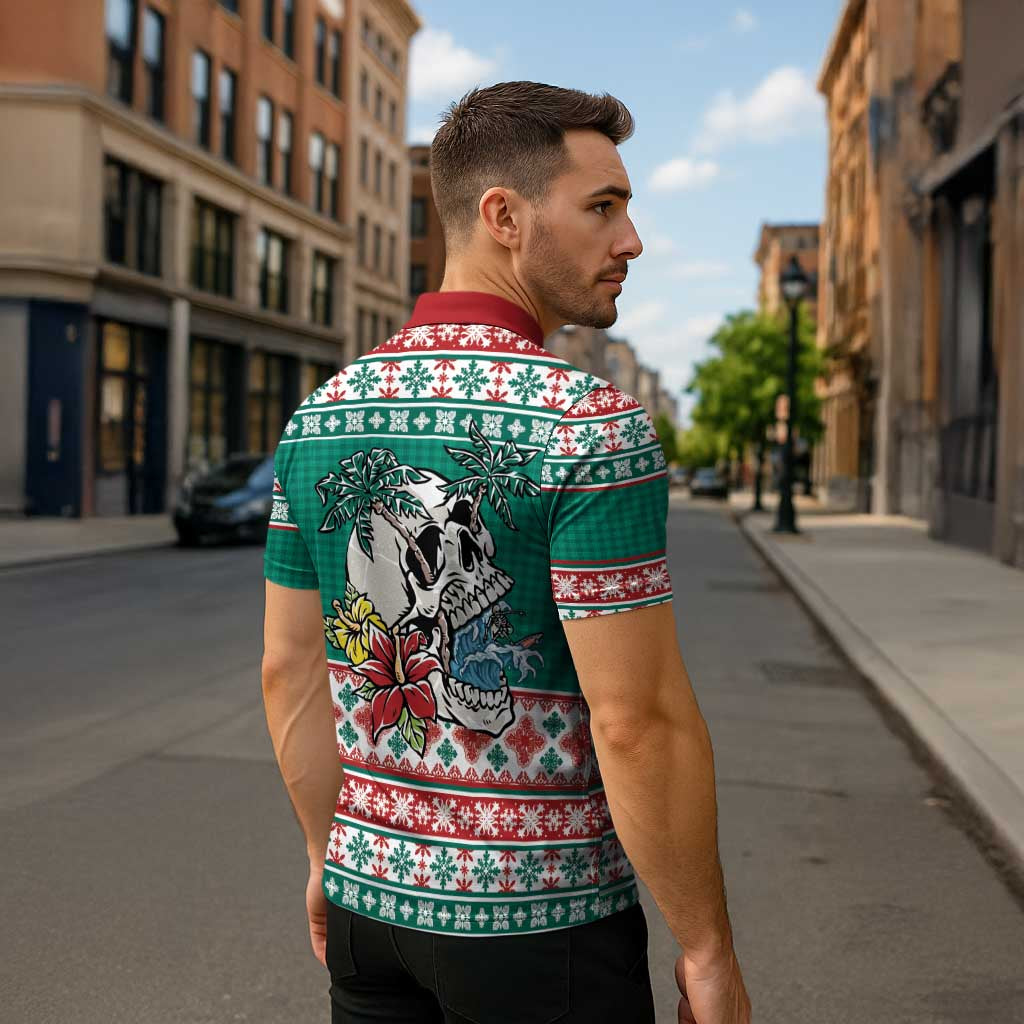 Hawaiian Skull Surfs Zipper Polo Shirt Mele Kalikimaka Palaka Quilt Pattern - Polynesian Pride