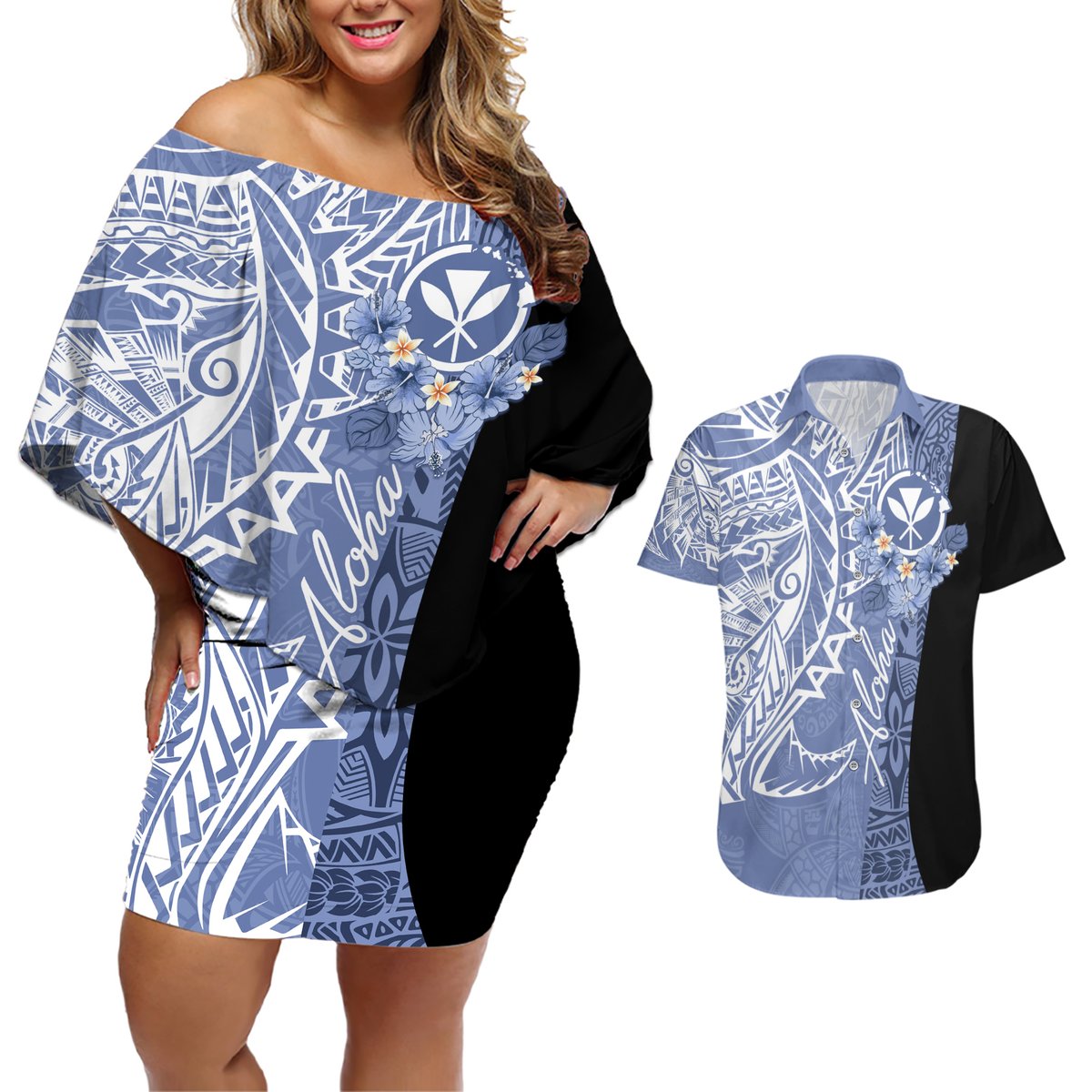 Aloha Vintage Hawaii Tribal Couples Matching Off Shoulder Short Dress and Hawaiian Shirt Blue Style LT9 Blue - Polynesian Pride