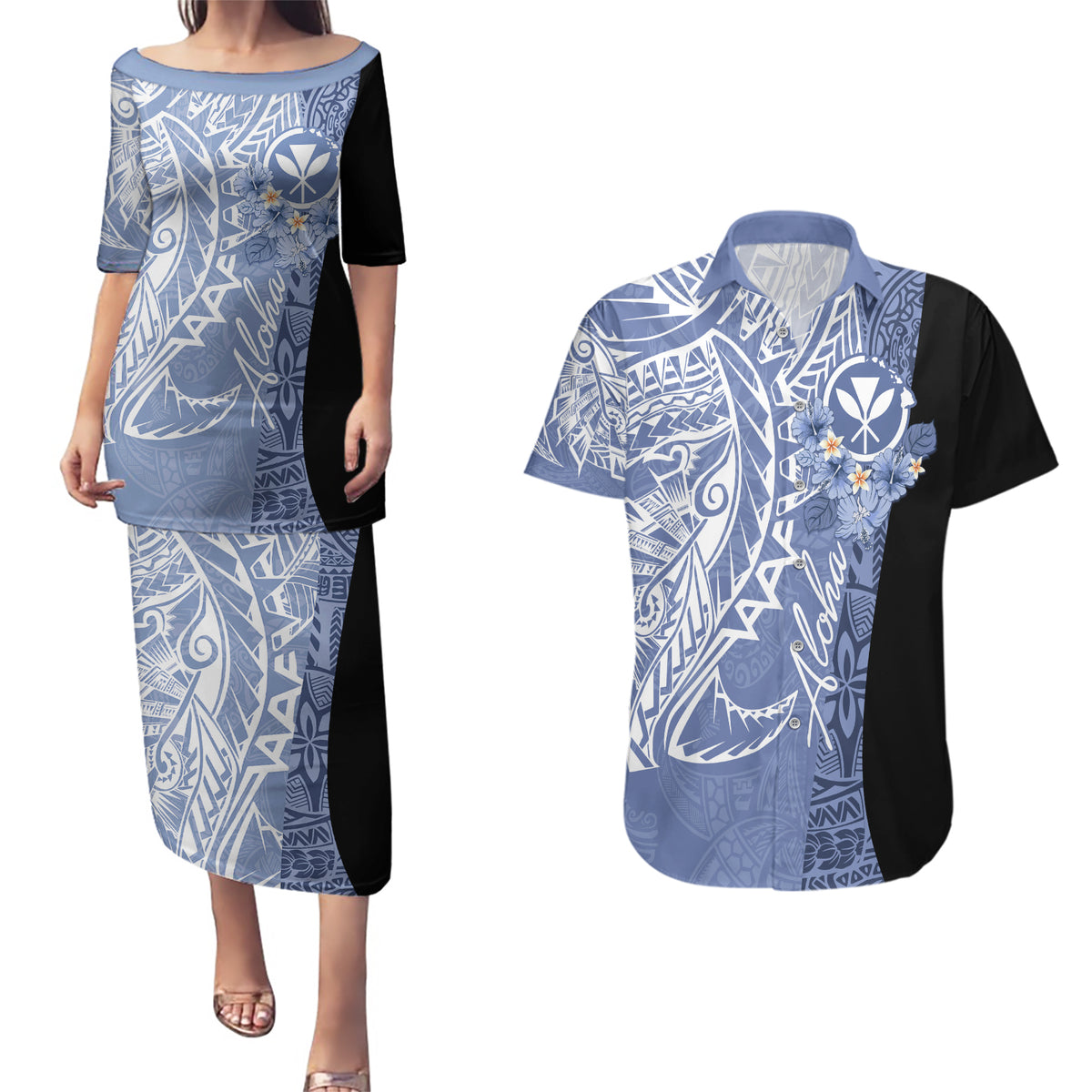 Aloha Vintage Hawaii Tribal Couples Matching Puletasi Dress and Hawaiian Shirt Blue Style LT9 Blue - Polynesian Pride