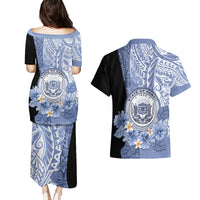 Aloha Vintage Hawaii Tribal Couples Matching Puletasi Dress and Hawaiian Shirt Blue Style LT9 - Polynesian Pride
